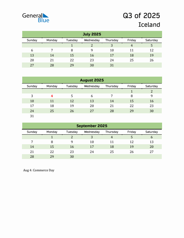 Quarterly Calendar 2025 with Iceland Holidays