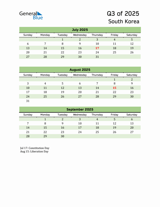 Quarterly Calendar 2025 with South Korea Holidays