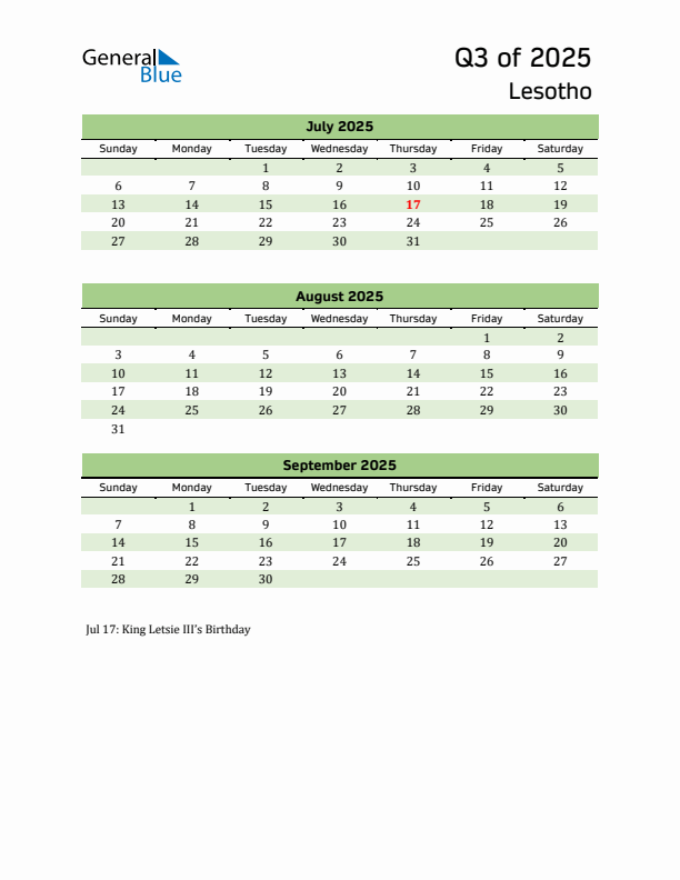 Quarterly Calendar 2025 with Lesotho Holidays