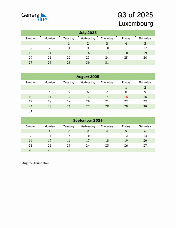 Quarterly Calendar 2025 with Luxembourg Holidays