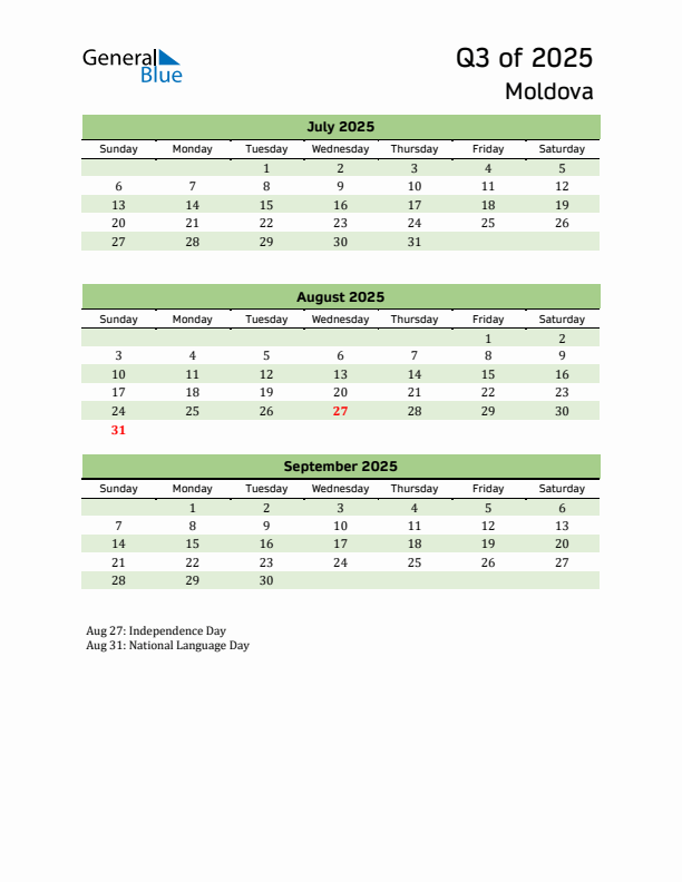 Quarterly Calendar 2025 with Moldova Holidays