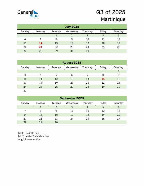 Quarterly Calendar 2025 with Martinique Holidays