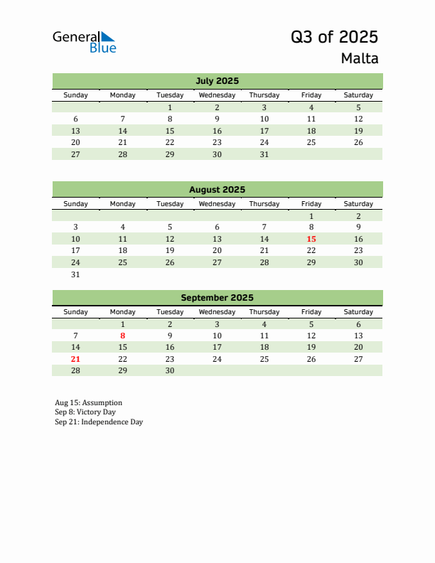 Quarterly Calendar 2025 with Malta Holidays