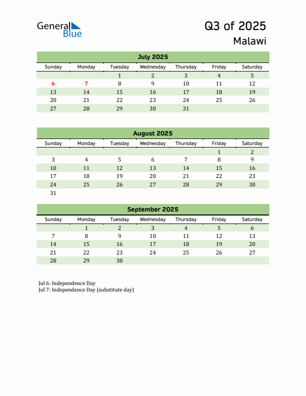 Quarterly Calendar 2025 with Malawi Holidays