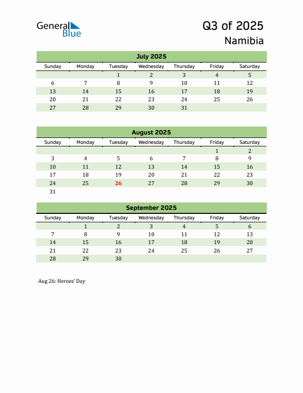 Quarterly Calendar 2025 with Namibia Holidays