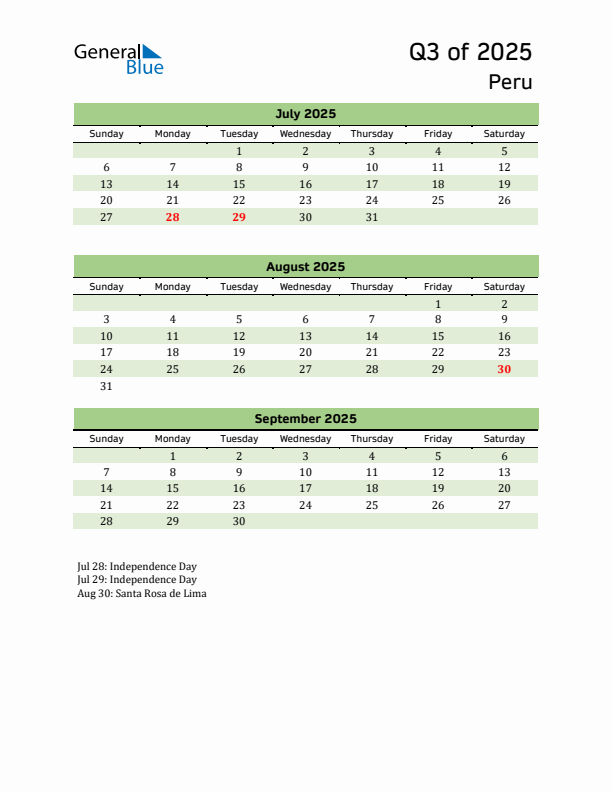 Quarterly Calendar 2025 with Peru Holidays