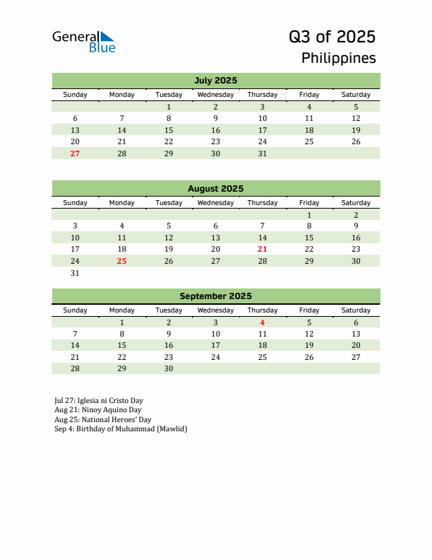 Quarterly Calendar 2025 with Philippines Holidays