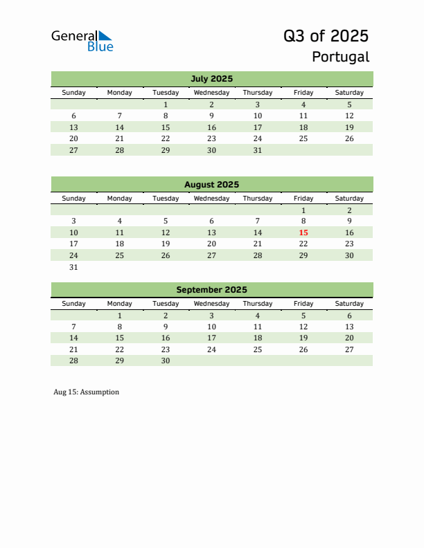 Quarterly Calendar 2025 with Portugal Holidays