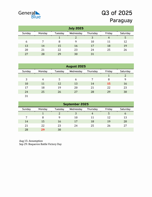 Quarterly Calendar 2025 with Paraguay Holidays