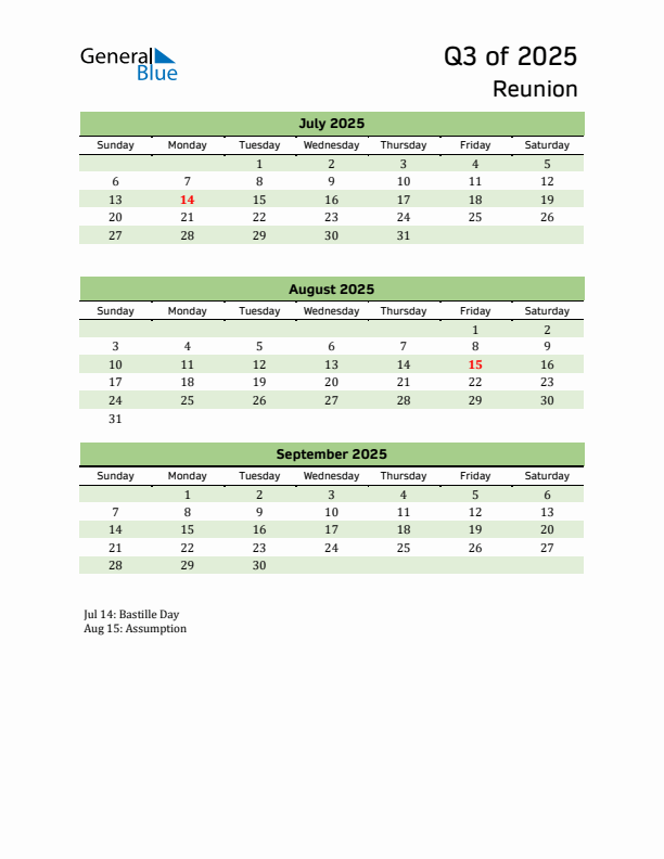 Quarterly Calendar 2025 with Reunion Holidays