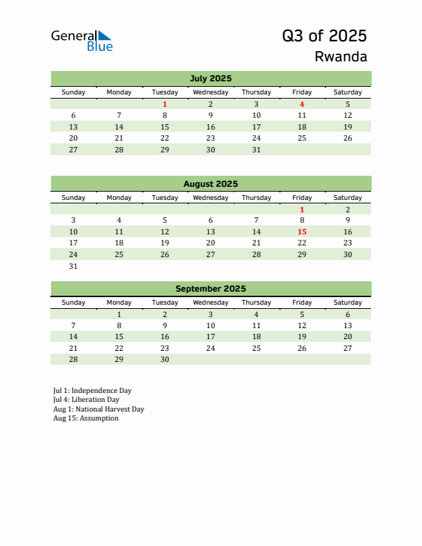 Quarterly Calendar 2025 with Rwanda Holidays