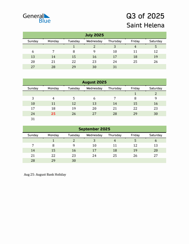 Quarterly Calendar 2025 with Saint Helena Holidays