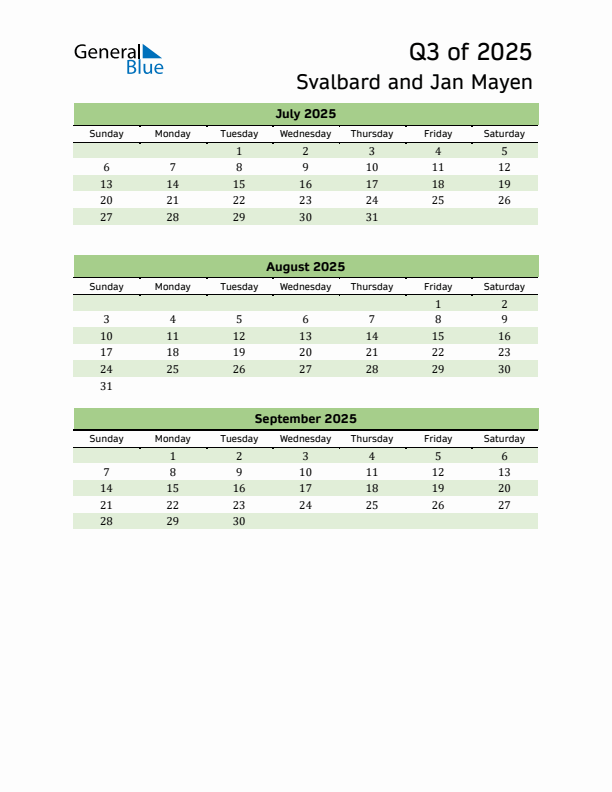 Quarterly Calendar 2025 with Svalbard and Jan Mayen Holidays