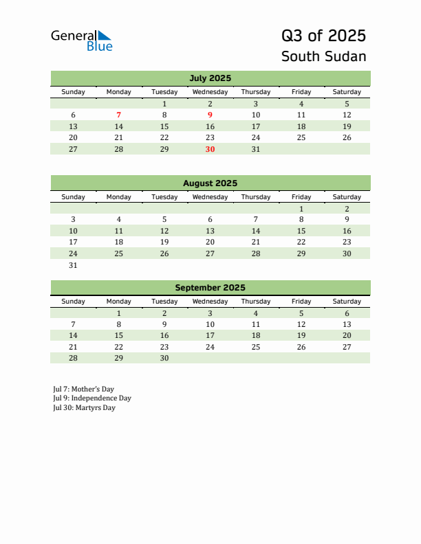 Quarterly Calendar 2025 with South Sudan Holidays