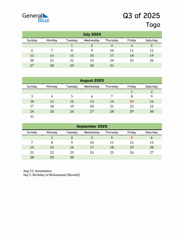 Quarterly Calendar 2025 with Togo Holidays