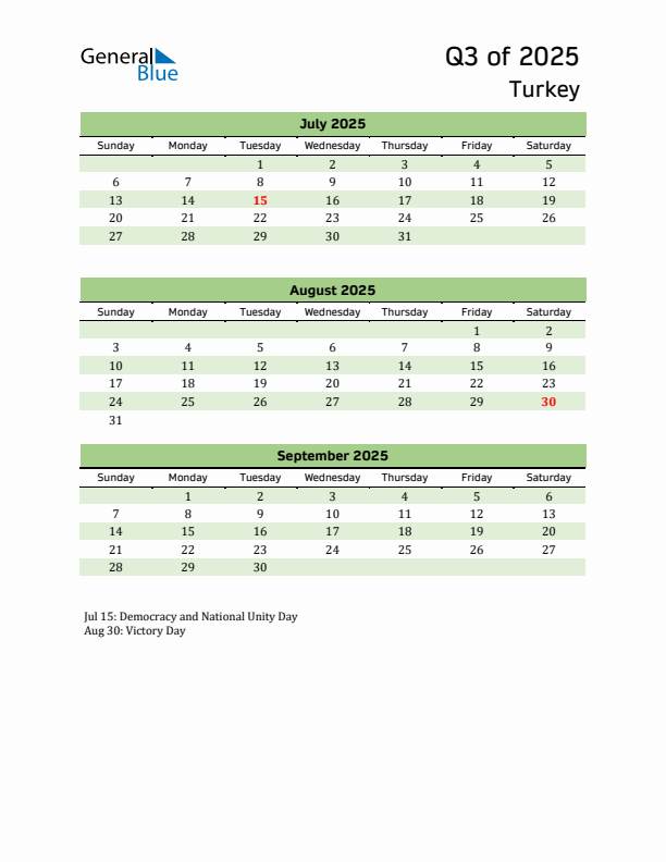 Quarterly Calendar 2025 with Turkey Holidays