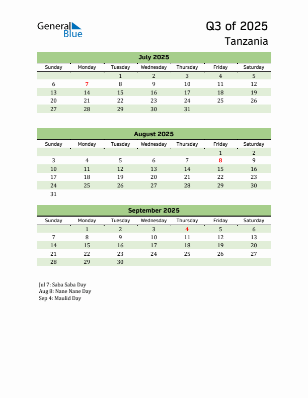 Quarterly Calendar 2025 with Tanzania Holidays