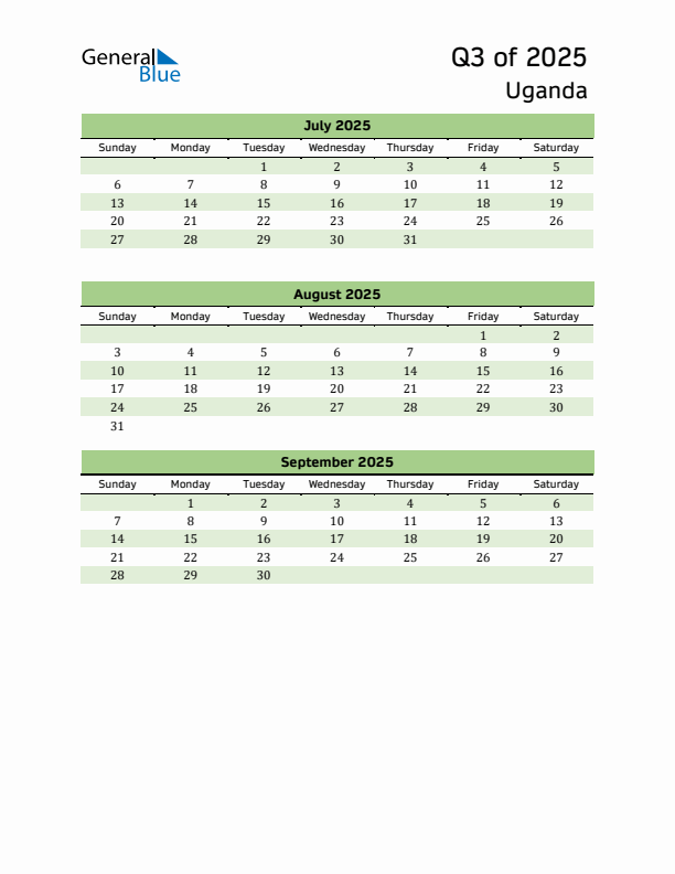 Quarterly Calendar 2025 with Uganda Holidays