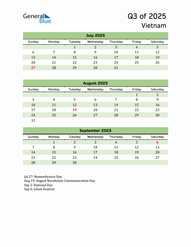 Quarterly Calendar 2025 with Vietnam Holidays