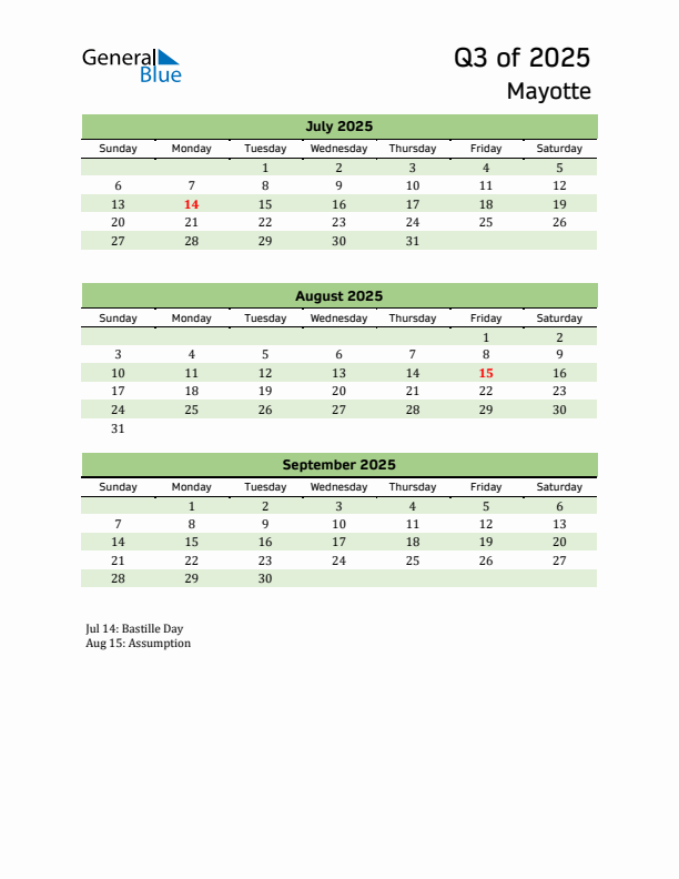 Quarterly Calendar 2025 with Mayotte Holidays