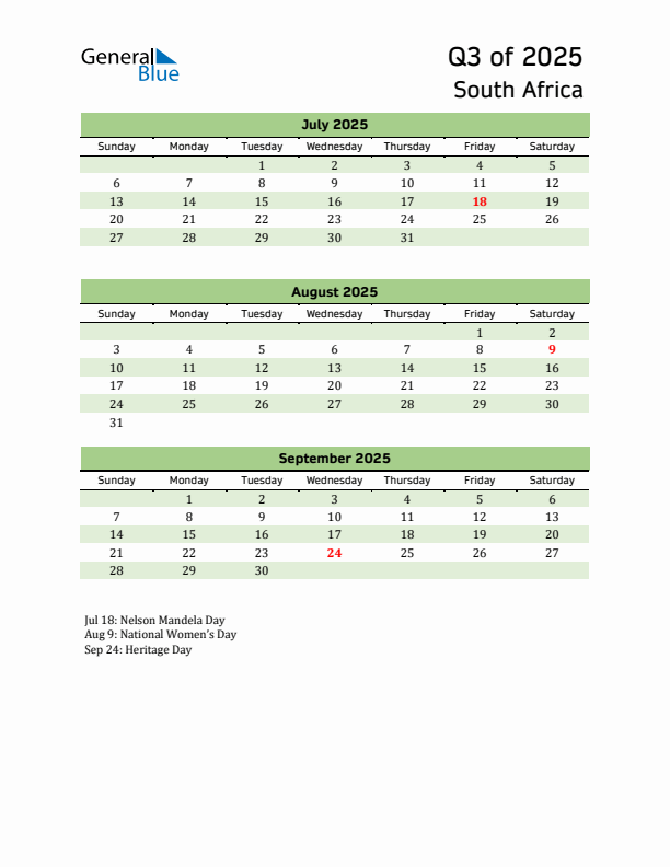 Quarterly Calendar 2025 with South Africa Holidays