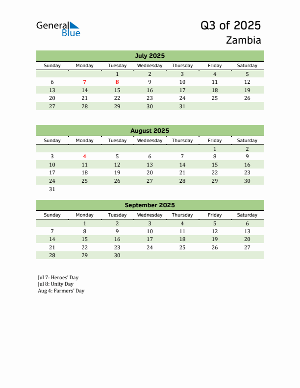 Quarterly Calendar 2025 with Zambia Holidays