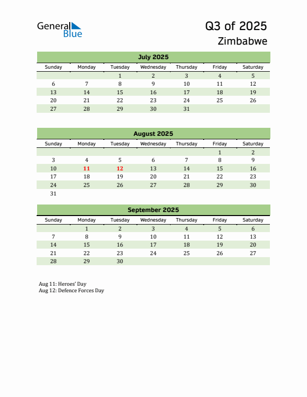 Quarterly Calendar 2025 with Zimbabwe Holidays