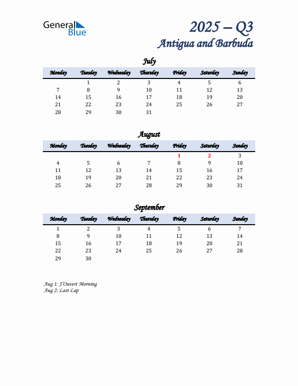 July, August, and September Calendar for Antigua and Barbuda with Monday Start