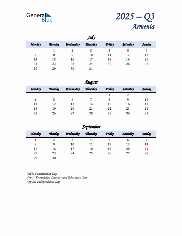 July, August, and September Calendar for Armenia with Monday Start