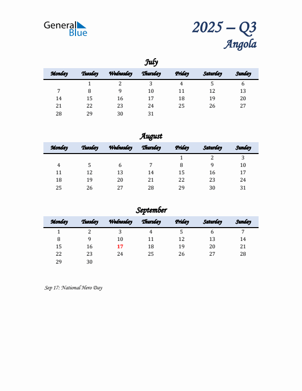 July, August, and September Calendar for Angola with Monday Start