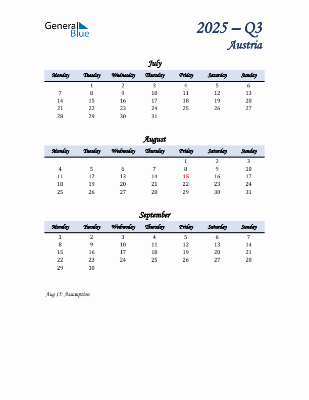 July, August, and September Calendar for Austria with Monday Start