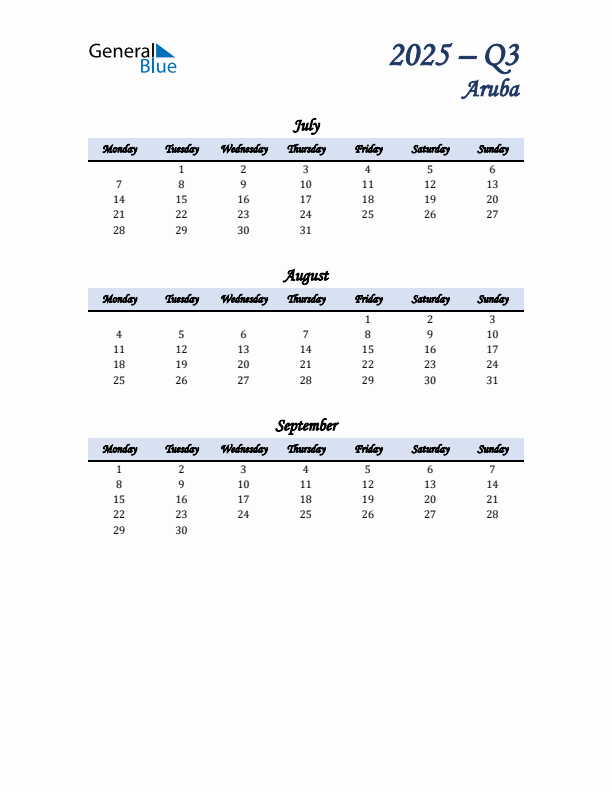 July, August, and September Calendar for Aruba with Monday Start