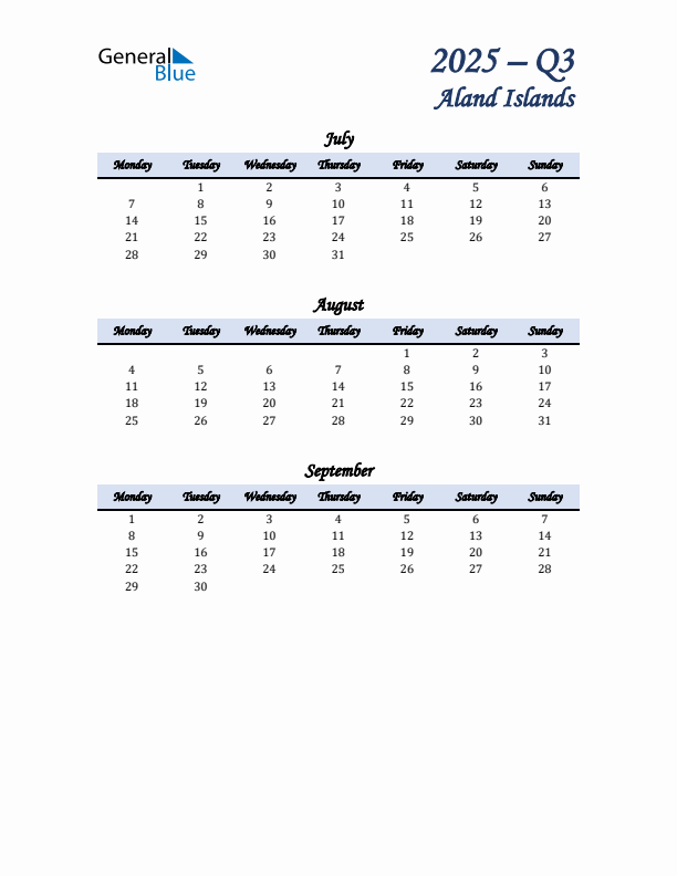 July, August, and September Calendar for Aland Islands with Monday Start