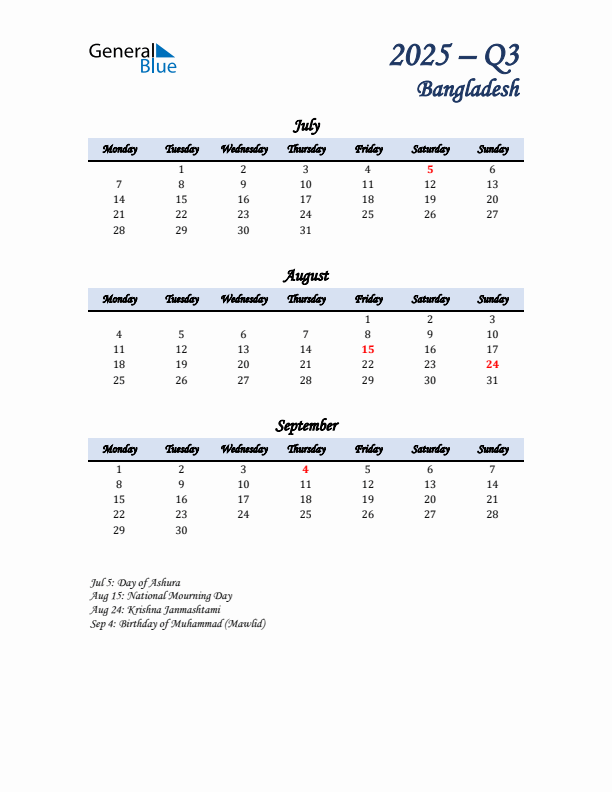 July, August, and September Calendar for Bangladesh with Monday Start