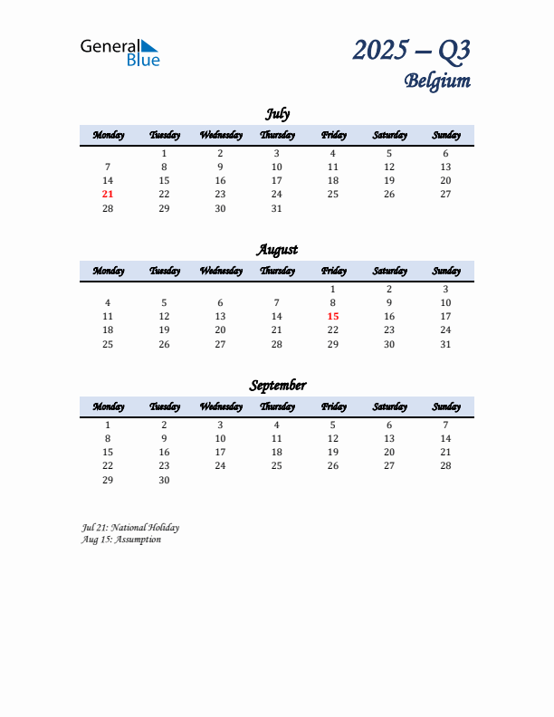 July, August, and September Calendar for Belgium with Monday Start