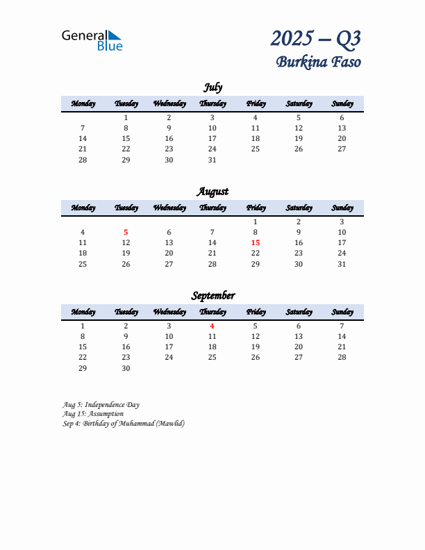 July, August, and September Calendar for Burkina Faso with Monday Start