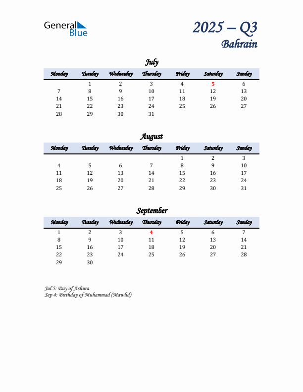 July, August, and September Calendar for Bahrain with Monday Start