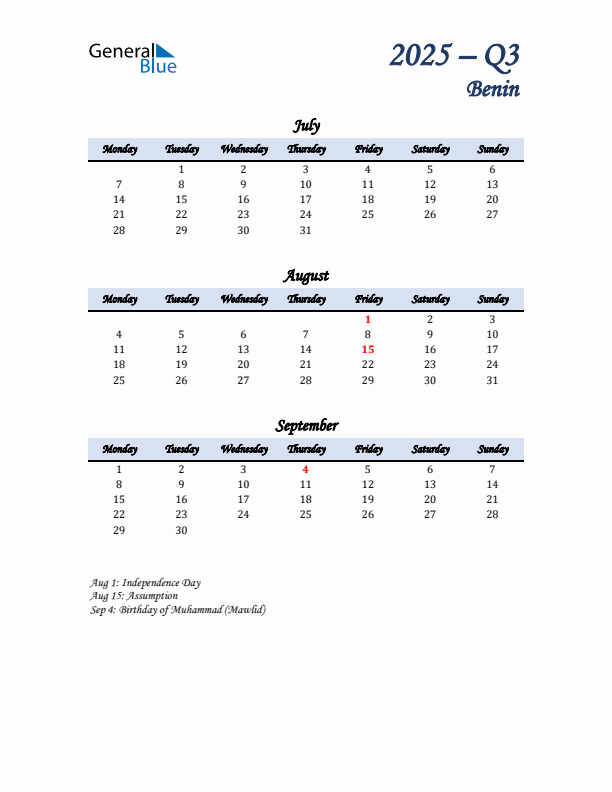 July, August, and September Calendar for Benin with Monday Start