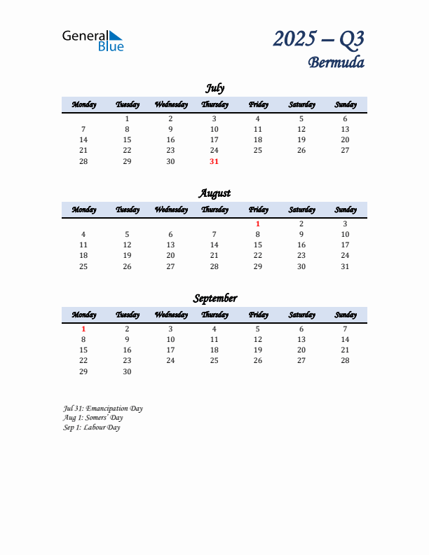 July, August, and September Calendar for Bermuda with Monday Start