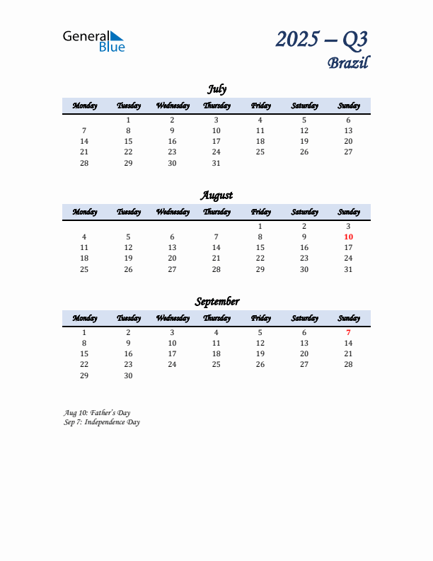 July, August, and September Calendar for Brazil with Monday Start