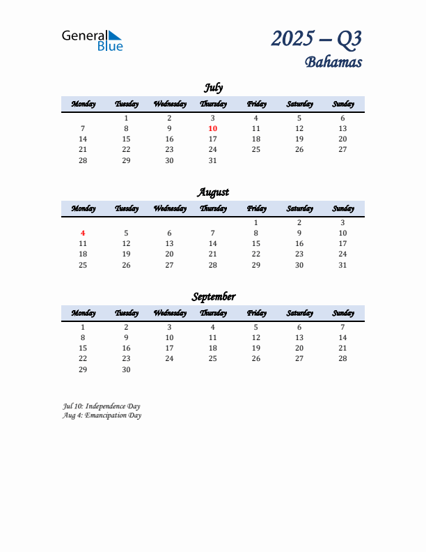 July, August, and September Calendar for Bahamas with Monday Start