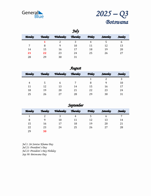 July, August, and September Calendar for Botswana with Monday Start