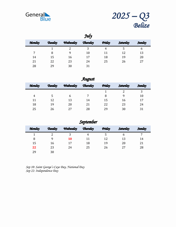 July, August, and September Calendar for Belize with Monday Start