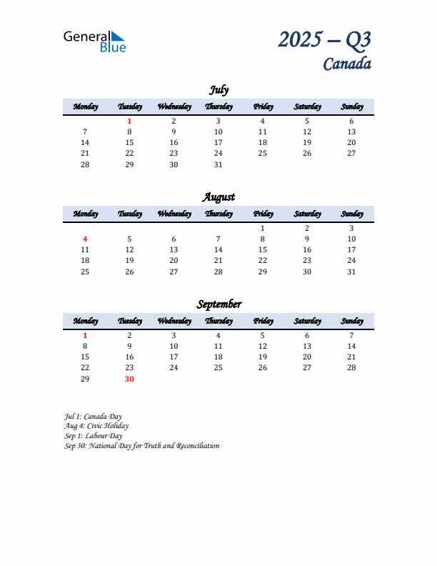 July, August, and September Calendar for Canada with Monday Start