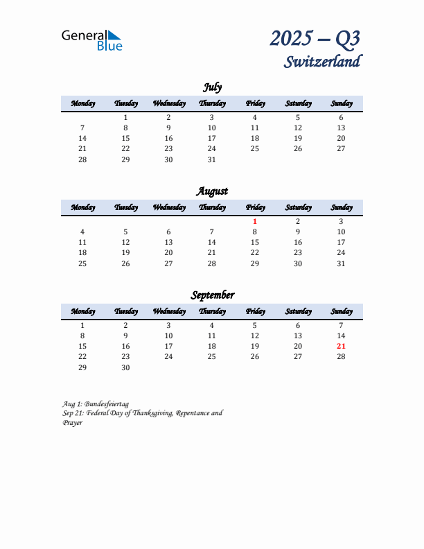 July, August, and September Calendar for Switzerland with Monday Start