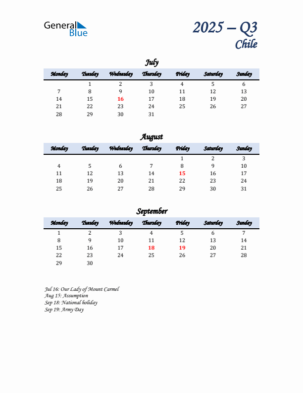 July, August, and September Calendar for Chile with Monday Start