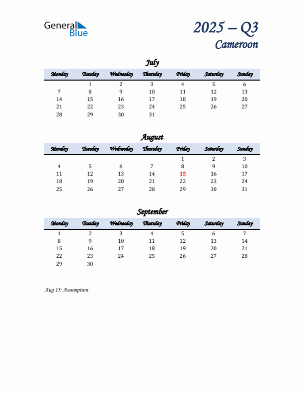 July, August, and September Calendar for Cameroon with Monday Start