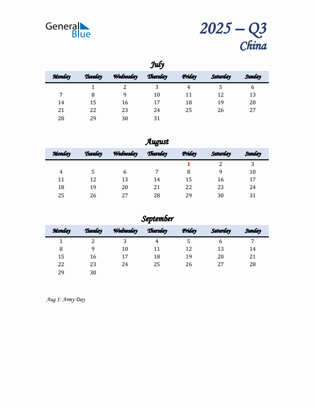 July, August, and September Calendar for China with Monday Start