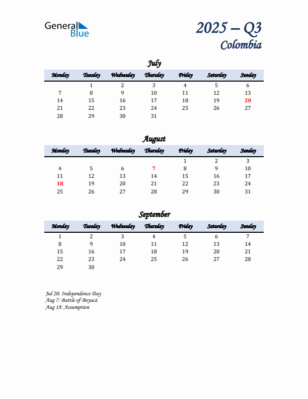 July, August, and September Calendar for Colombia with Monday Start