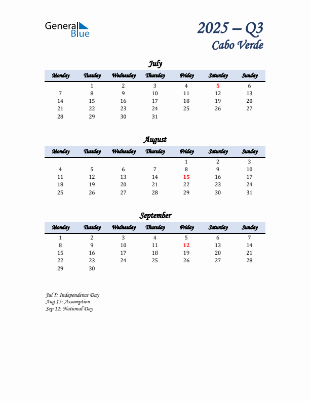 July, August, and September Calendar for Cabo Verde with Monday Start